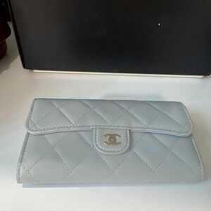 CHANEL Quilted Light Gray CC Flap Wallets